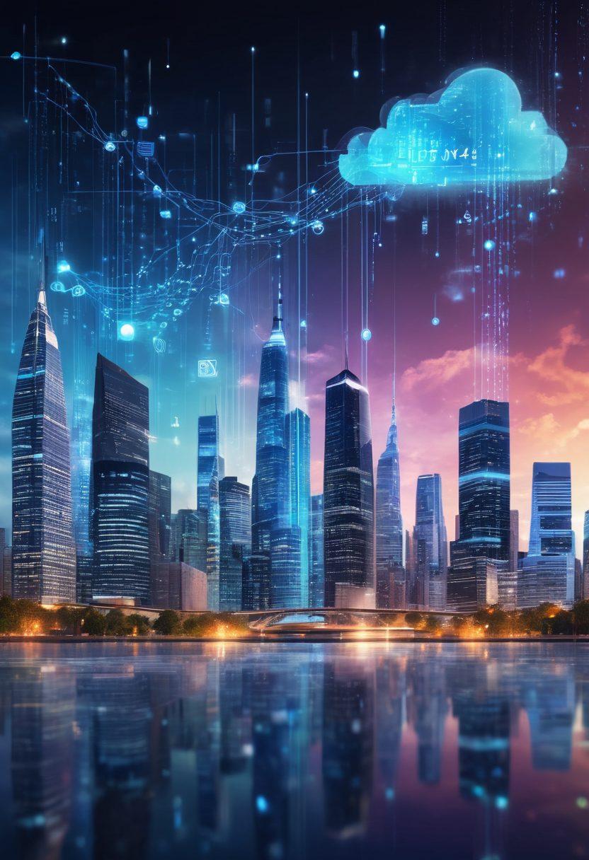 A dynamic city skyline with skyscrapers adorned with digital cloud symbols, streams of binary code flowing through the air, showcasing the transformation of data. In the foreground, a diverse group of professionals is engaged in a discussion with holographic displays of graphs and cloud infrastructures. The setting exudes innovation and energy, blending technology and business. futuristic. vibrant colors. 3D.