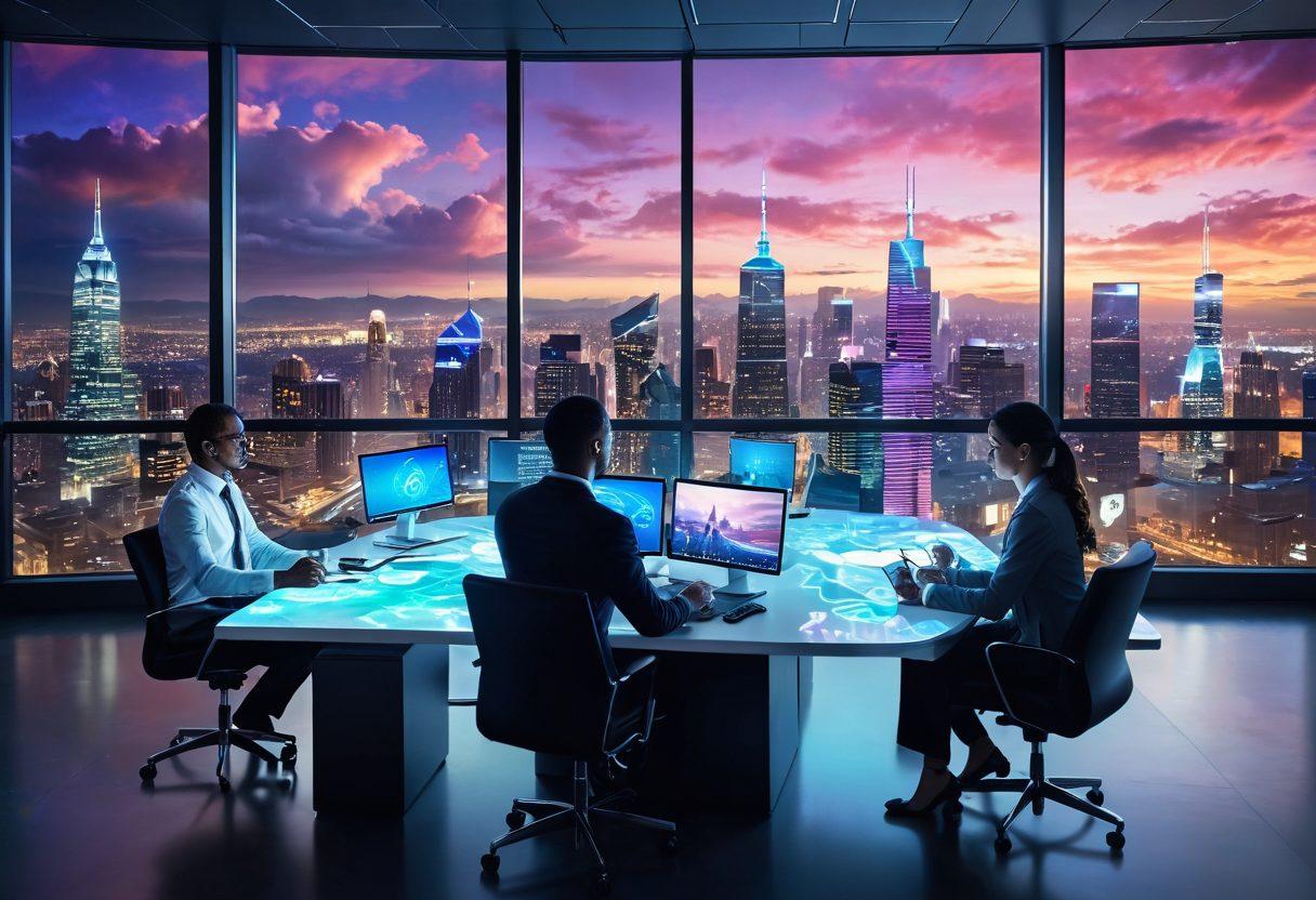 A futuristic office scene featuring diverse business professionals collaborating on cloud-based technology. Floating holographic data visualizations surround them, showcasing analytics and digital innovation. Bright light filters through large windows, creating a vibrant, welcoming atmosphere. The skyline of a modern city is visible in the background, symbolizing business success and growth. super-realistic. vibrant colors. digital art.